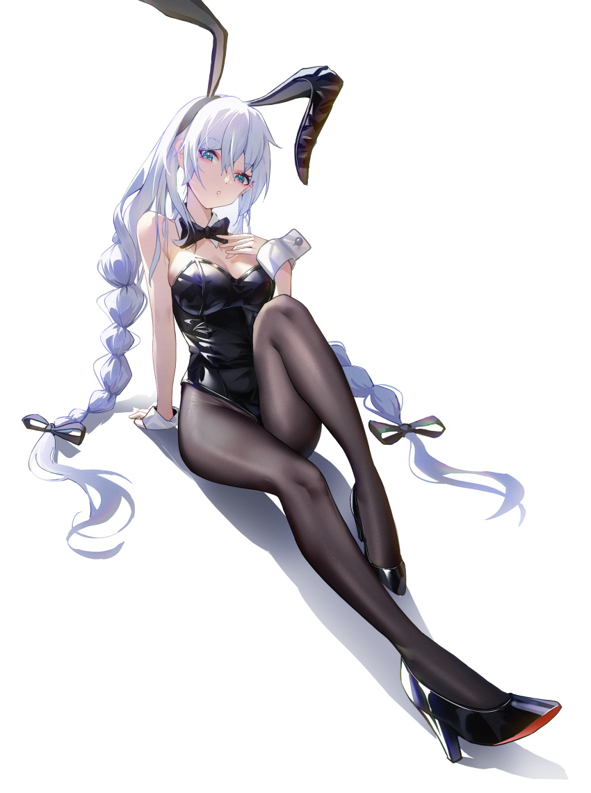 absurdres animal_ears avrora_(azur_lane) azur_lane black_bow black_bowtie black_footwear black_leotard black_pantyhose black_ribbon blue_eyes bow bowtie braid breasts detached_collar female full_body hair_ribbon high_heels highres kyky_(-kyky) large_breasts leotard long_hair looking_at_viewer pantyhose playboy_bunny rabbit_ears ribbon simple_background solo strapless strapless_leotard twin_braids white_background white_hair wrist_cuffs