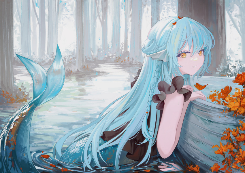 absurdres amamizu_shizuku black_shirt blue_hair braid bug butterfly female forest frilled_shirt frills hair_bun highres long_hair mermaid monster_girl nature original outdoors partially_submerged revision scales shirt single_hair_bun smile solo tree water yellow_eyes