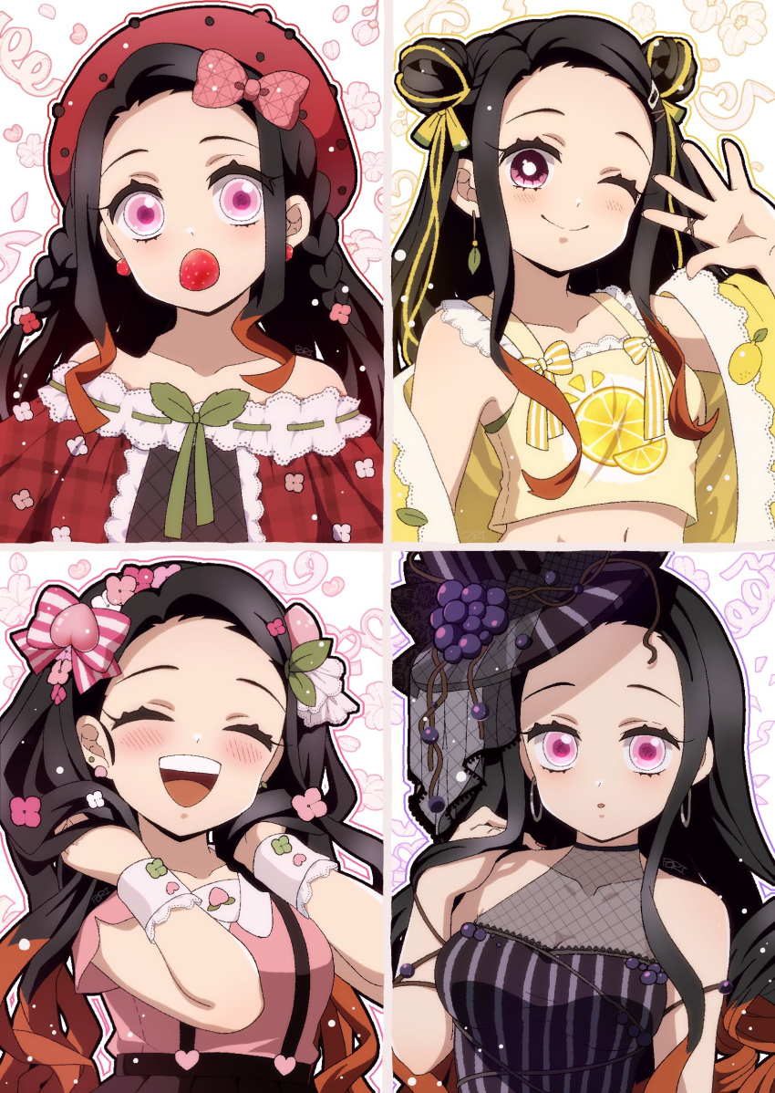 alternate_costume alternate_hairstyle bare_shoulders beret black_hair bow breasts closed_mouth crop_top dress earrings female food fruit hair_ornament hairbow hat highres jewelry kamado_nezuko kimetsu_no_yaiba lemon long_hair looking_at_viewer medium_breasts midriff mouth_hold multicolored_hair navel off_shoulder one_eye_closed open_mouth orange_hair pink_eyes pink_shirt pori_(kmt_pori) red_headwear ribbon shirt smile stomach strawberry teeth tongue top_hat yellow_shirt