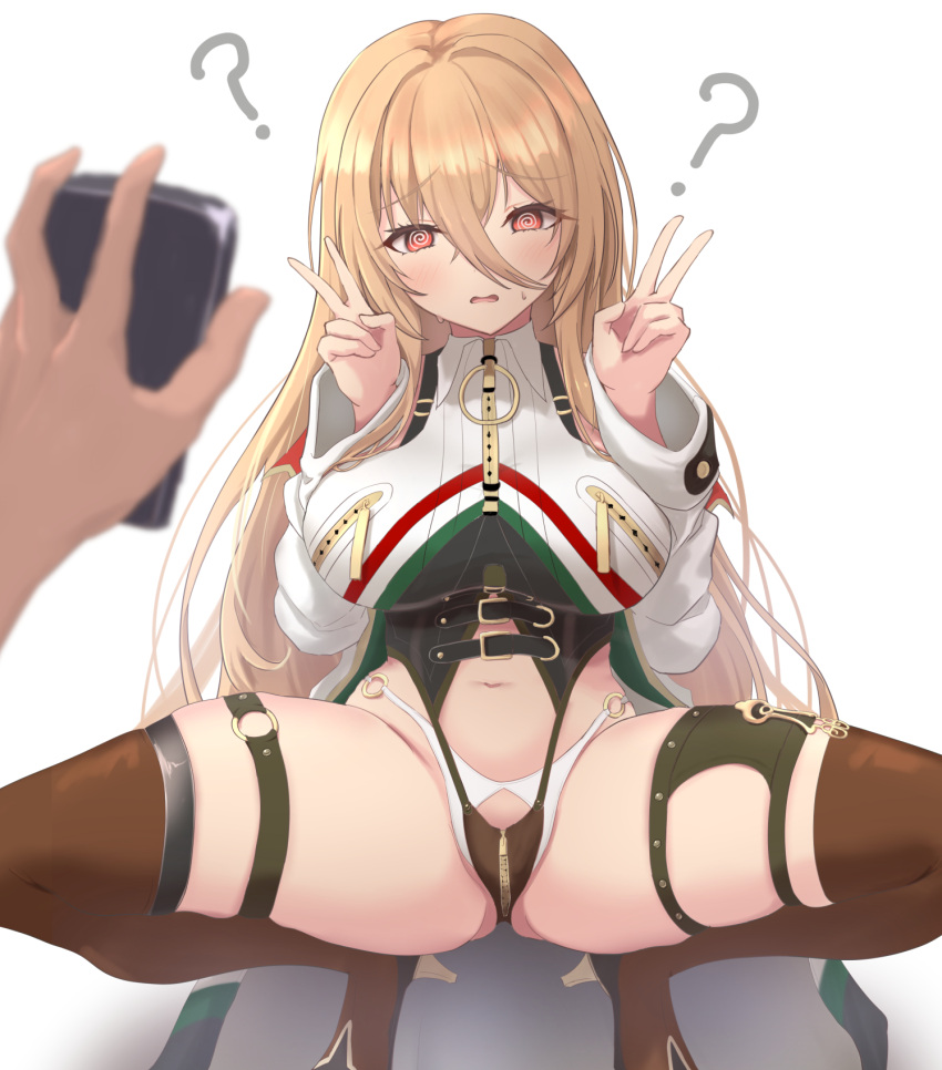 1other 2_(ninininni) ? azur_lane blonde_hair boots breast_zipper breasts brown_thighhighs commission cosplay crotch_zipper double_v female hair_between_eyes high_heels highres hypnosis implacable_(azur_lane) italian_flag large_breasts leonardo_da_vinci_(azur_lane) leonardo_da_vinci_(azur_lane)_(cosplay) long_hair looking_at_viewer mind_control navel pixiv_commission pov pov_hands red_eyes simple_background spread_legs squatting thigh_boots thighhighs v very_long_hair white_background zipper