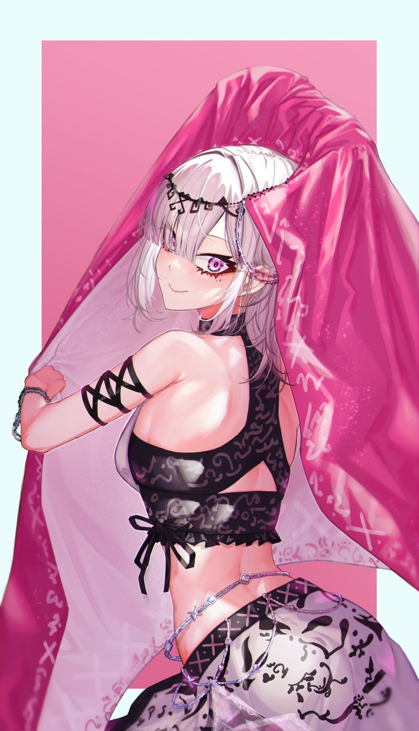 arabian_clothes back bare_shoulders belly_dancing body_chain bracer breasts dancer eyes_visible_through_hair female grey_hair gurumyuu hair_over_one_eye harem_outfit head_chain highres jewelry long_hair looking_at_viewer looking_back midriff mole mole_under_eye navel nijisanji purple_eyes see-through smile solo sukoya_kana veil virtual_youtuber