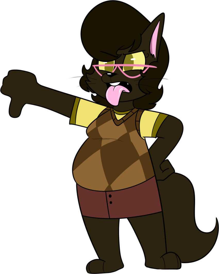 2017 4_fingers alpha_channel anthro barefoot biped black_eyebrows black_mouth black_nose black_whiskers bleh bottomwear breasts brown_body brown_bottomwear brown_clothing brown_ears brown_fur brown_hair brown_skirt brown_tail brown_topwear brown_tuft brown_vest buckteeth cadence_bonaventura cheek_tuft chokovit_(artist) clothed clothed_anthro clothed_female clothing colored digital_drawing_(artwork) digital_media_(artwork) domestic_cat eyebrow_through_hair eyebrows eyelashes eyewear facial_tuft feet felid feline felis female female_anthro fingers front_view full-length_portrait fur fur_tuft gesture glasses glistening glistening_eyes green_eyes hair hand_gesture hi_res mammal no_pupils overweight overweight_anthro overweight_female pink_eyewear pink_glasses pink_inner_ear pink_tongue portrait shirt simple_background skirt small_breasts solo standing t-shirt tail teeth thumbs_down tongue tongue_out topwear translucent translucent_hair transparent_background tuft vest whiskers yellow_clothing yellow_sclera yellow_shirt yellow_t-shirt yellow_topwear york_chocolate