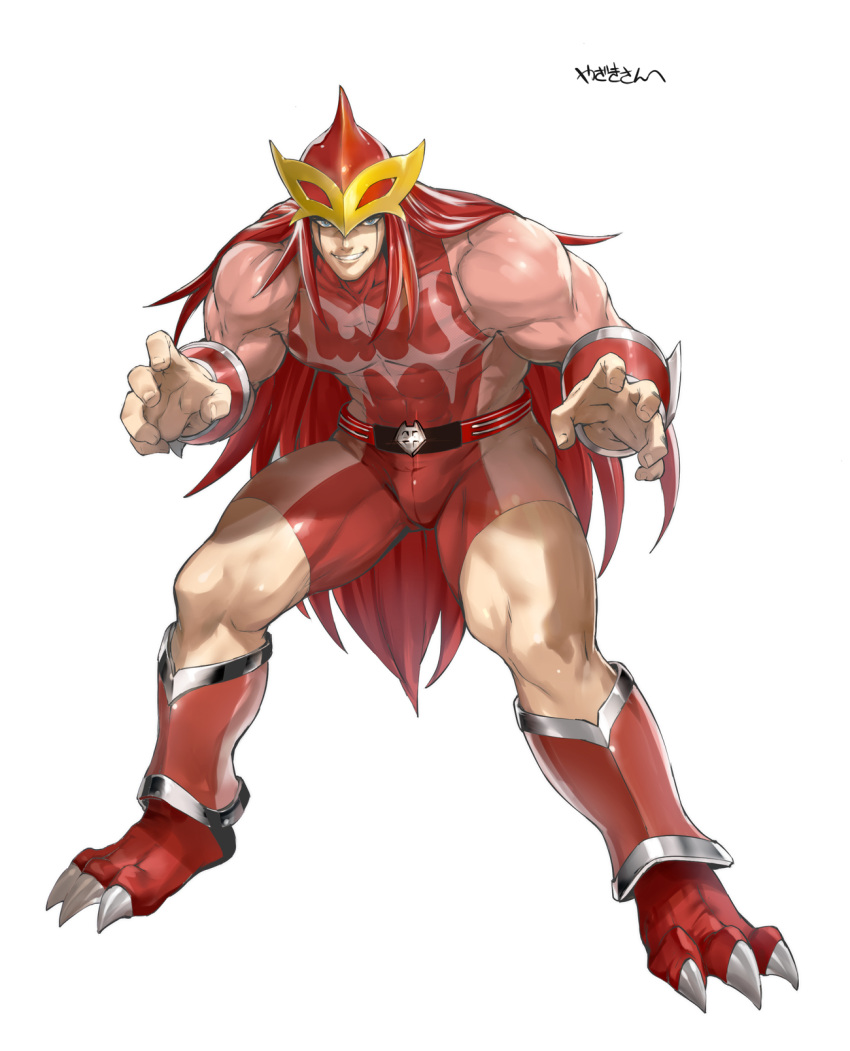 1boy bara belt blue_eyes bodysuit bulge facepaint fingernails full_body grin highres kinnikuman kinnikuman_nisei large_pectorals long_hair male_focus muscular muscular_male orushibu pectorals red_belt red_bodysuit red_footwear red_hood scarface_(kinnikuman) sidepec simple_background smile solo standing thick_thighs thighs translation_request very_long_hair white_background wrestler