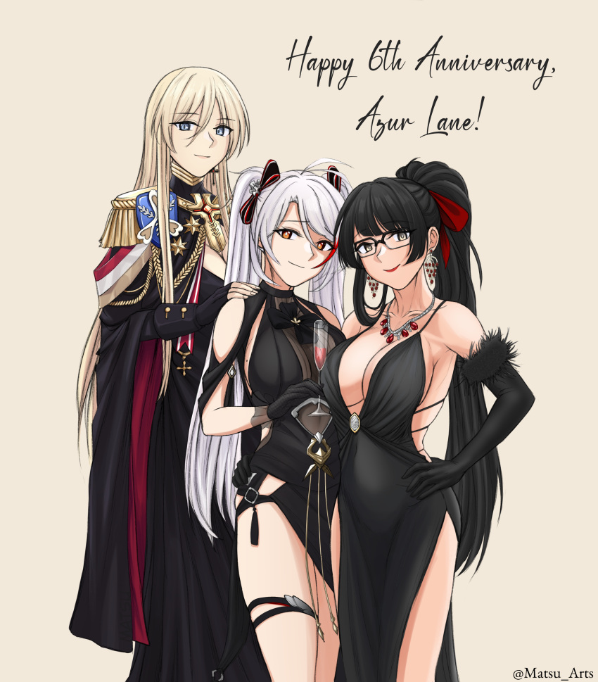 3girls absurdres anniversary artist_name azur_lane bismarck_(azur_lane) bismarck_(beacon_of_the_iron_blood)_(azur_lane) black_dress black_gloves black_hair blonde_hair blue_eyes bow breasts cleavage closed_mouth cross cross_earrings cup dress earrings elbow_gloves english_commentary english_text feet_out_of_frame female_commander_(azur_lane) glasses gloves grey_eyes hair_ribbon hairbow hand_on_another's_shoulder hand_on_own_hip happy_anniversary highres holding holding_cup jewelry lips long_hair looking_at_viewer matsu_arts medium_breasts multicolored_hair multiple_girls necklace official_alternate_costume orange_eyes ponytail prinz_eugen_(azur_lane) prinz_eugen_(cordial_cornflower)_(azur_lane) red_lips ribbon simple_background smile standing streaked_hair twintails twitter_username white_hair