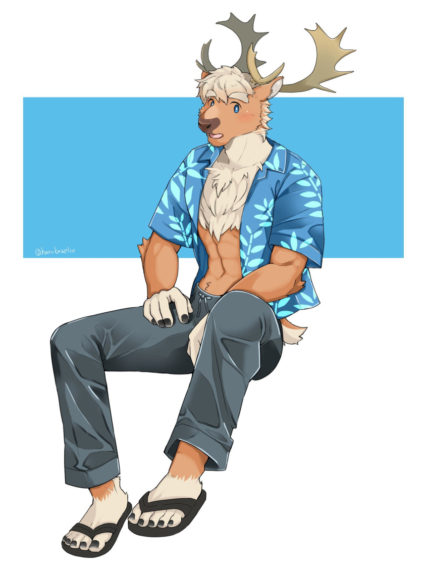 abs aloha_shirt anthro antlers athletic athletic_anthro athletic_male blue_eyes blush brown_body brown_fur clothed clothing deer footwear fur harukaze110 hi_res horn lifewonders male mammal new_world_deer open_clothing open_shirt open_topwear pattern_clothing pattern_shirt pattern_topwear pecs reindeer sandals shirt solo tokyo_afterschool_summoners topwear yule_(tas)