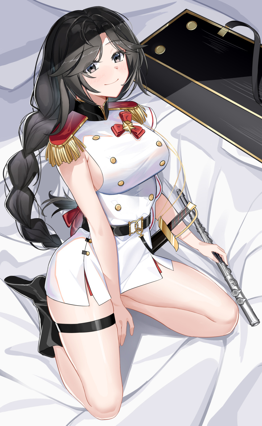 absurdres bad_id bad_pixiv_id band_uniform belt black_belt black_eyes black_footwear black_hair blush boots braid braided_ponytail breasts closed_mouth commentary female flute full_body general_liu_(girls'_frontline) general_liu_(musings_in_the_morn)_(girls'_frontline) girls'_frontline highres holding holding_instrument instrument kneeling long_hair looking_at_viewer medium_breasts official_alternate_costume on_bed one_smoke simple_background sitting smile solo strapless thighs white_uniform