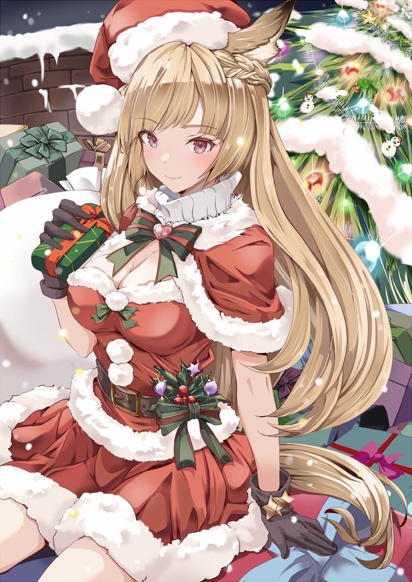 animal_ears black_gloves blonde_hair box braid breasts capelet christmas_tree cleavage closed_mouth commentary_request dress erune female fur-trimmed_capelet fur-trimmed_dress fur-trimmed_headwear fur_trim gift gift_box gloves granblue_fantasy half_up_braid hanchou_(shirokun555) hat highres holding holding_box holding_gift large_breasts long_hair looking_at_viewer night night_sky outdoors pom_pom_(clothes) red_capelet red_dress red_skirt santa_costume santa_hat short_dress sitting skirt sky smile snowing solo turtleneck very_long_hair yuisis_(granblue_fantasy)