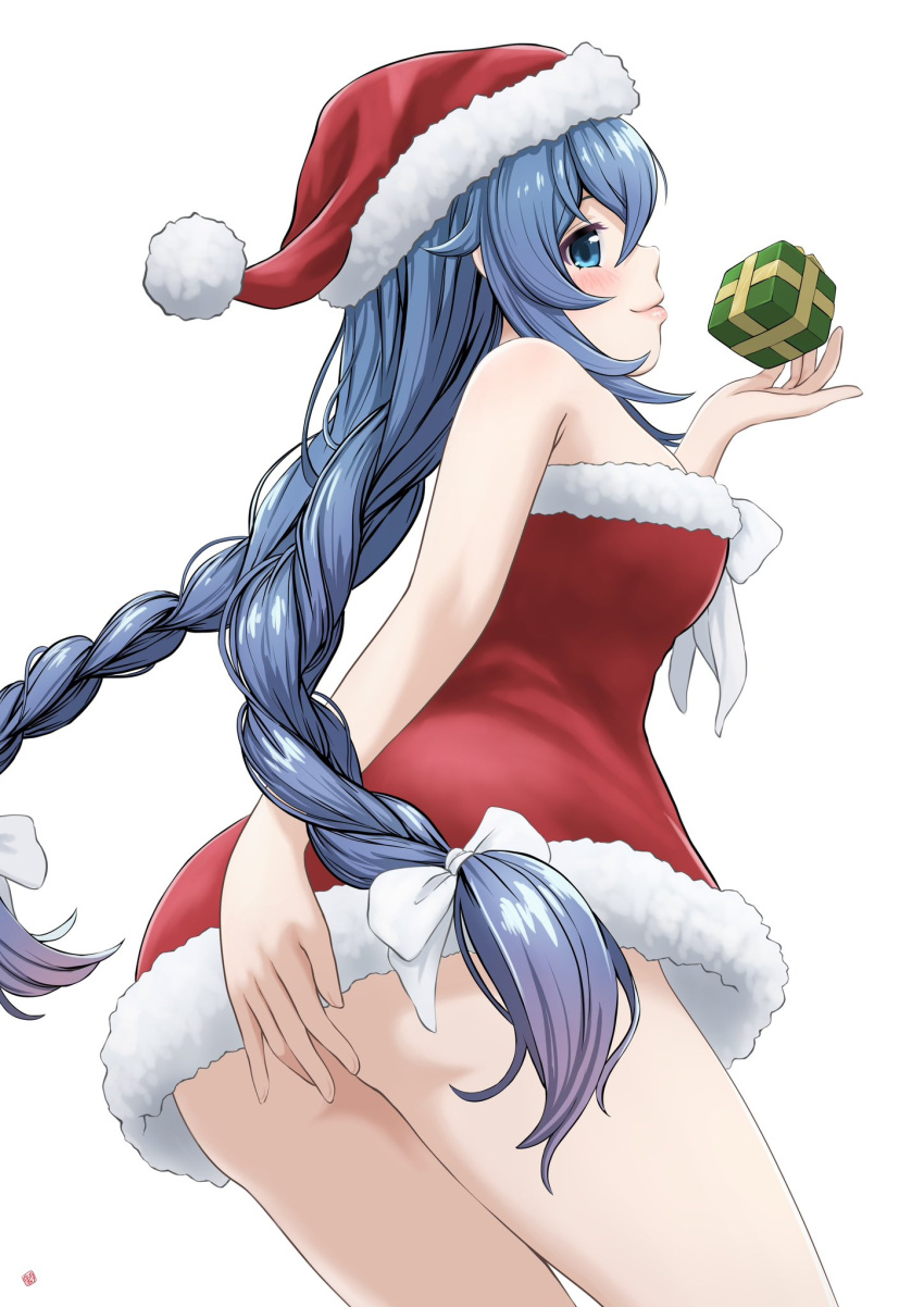 ass blue_eyes bow braid christmas christmas_present closed_mouth covering_ass covering_privates dress female from_behind fur-trimmed_dress fur-trimmed_headwear fur_trim gift hairbow hat highres long_hair mushoku_tensei nao_suke red_dress red_hat roxy_migurdia santa_dress santa_hat simple_background solo twin_braids white_background white_bow