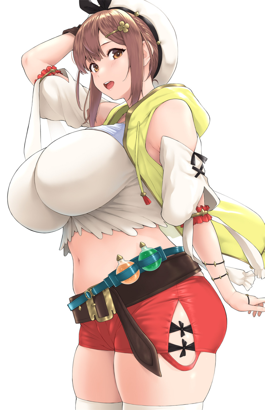 atelier_(series) atelier_ryza atelier_ryza_1 bare_shoulders belt beret black_ribbon blush breasts brown_eyes brown_gloves brown_hair camisole commentary_request detached_sleeves female flask gloves hair_ornament hairclip hat highres huge_breasts kemigawa_mondo looking_at_viewer open_clothes open_mouth open_vest red_shorts reisalin_stout ribbon round-bottom_flask short_hair short_shorts shorts single_glove smile solo thighhighs thighs vest white_camisole white_hat white_thighhighs yellow_vest