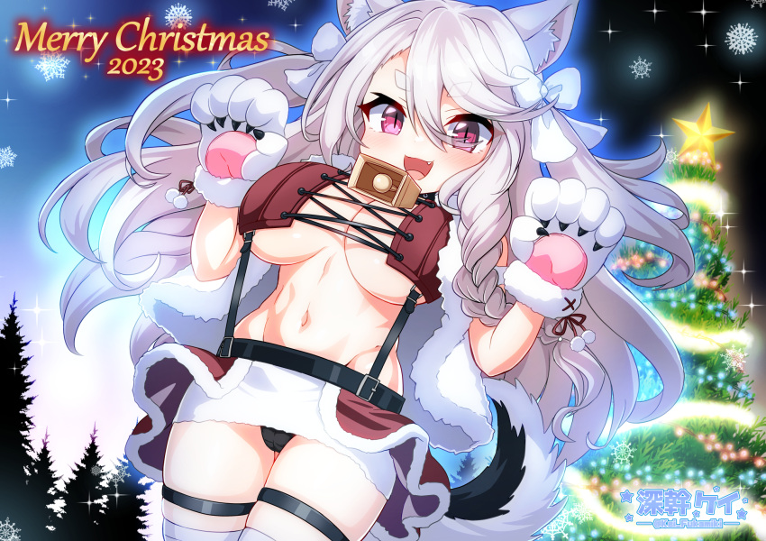 :d animal_ears animal_hands artist_name azur_lane bandeau bell black_panties bow braid breasts capelet christmas christmas_tree commentary_request female fur_capelet fur_trim gloves grey_hair groin hair_between_eyes hairbow highres kei_fukamiki large_breasts long_hair merry_christmas navel neck_bell oerba_yun_fang open_mouth panties pantyshot paw_gloves red_bandeau red_eyes short_eyebrows side_braid sidelocks skindentation skirt smile snow sparkle standing stomach suspenders tail thick_eyebrows thigh_strap thighhighs twitter_username underwear white_bow white_gloves white_skirt wolf_ears wolf_girl wolf_tail yuudachi_(azur_lane) yuudachi_(woofy_floofy_christmas_night)_(azur_lane) zettai_ryouiki