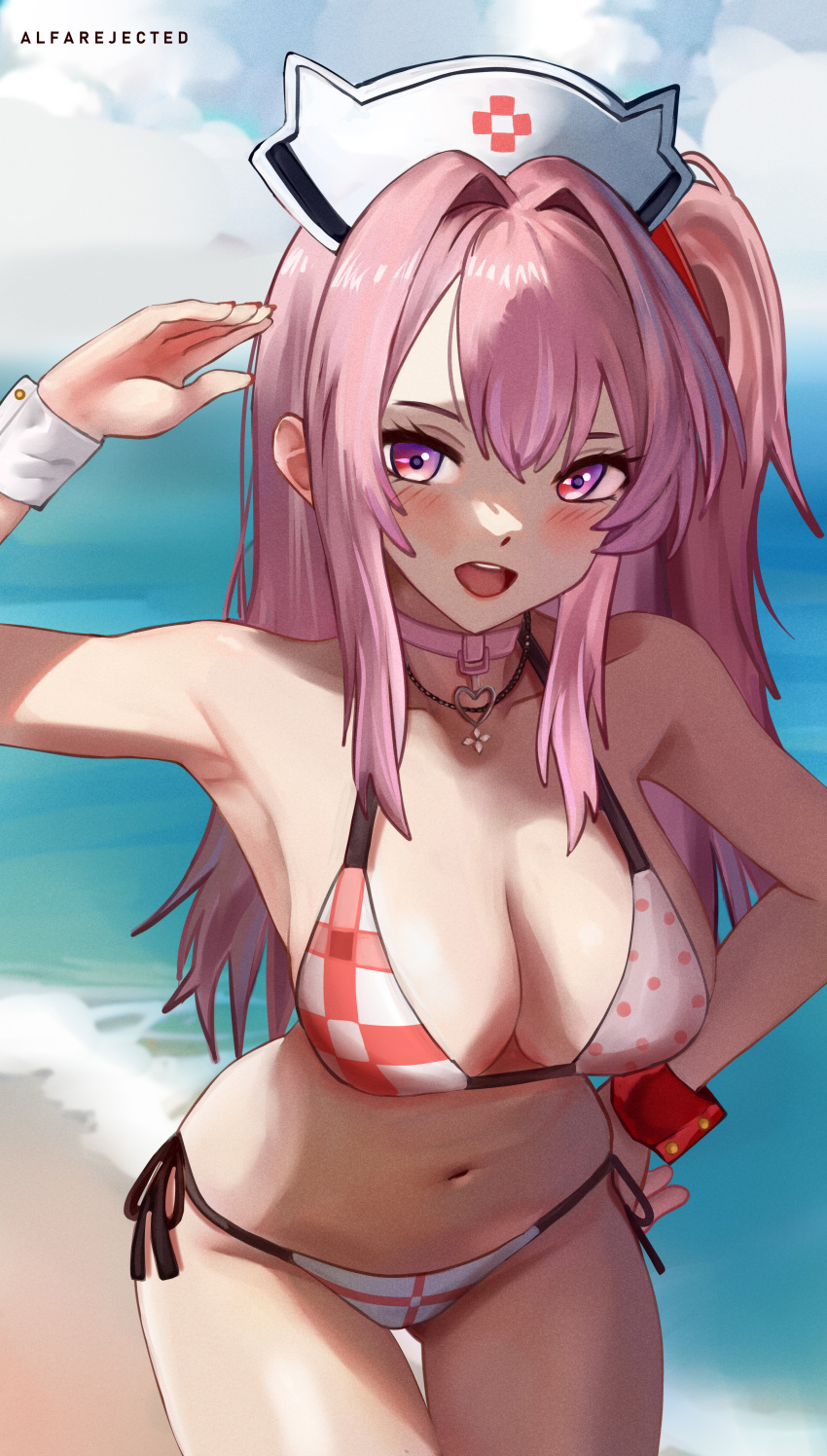 absurdres alfarejected bare_shoulders beach bikini blush breasts choker cleavage cloud cloudy_sky collarbone day english_commentary female goddess_of_victory:_nikke hair_between_eyes halterneck hand_on_own_hip hat highres large_breasts long_hair looking_at_viewer midriff navel nurse_cap ocean official_alternate_costume pepper_(nikke) pepper_(ocean_vitamin)_(nikke) pink_eyes pink_hair red_bikini salute side-tie_bikini_bottom side_ponytail sky smile solo standing string_bikini swimsuit two-tone_bikini white_bikini white_hat