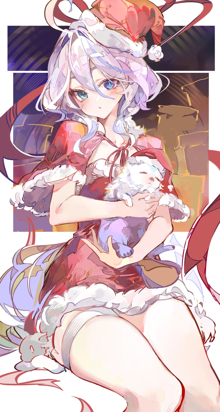 absurdres ahoge animal blue_eyes canine capelet cocoballking commentary_request dress feet_out_of_frame female furina_(genshin_impact) genshin_impact highres holding holding_animal leisurely_otter_(genshin_impact) puppy red_capelet red_dress santa_dress sitting solo strapless strapless_dress thighs white_hair