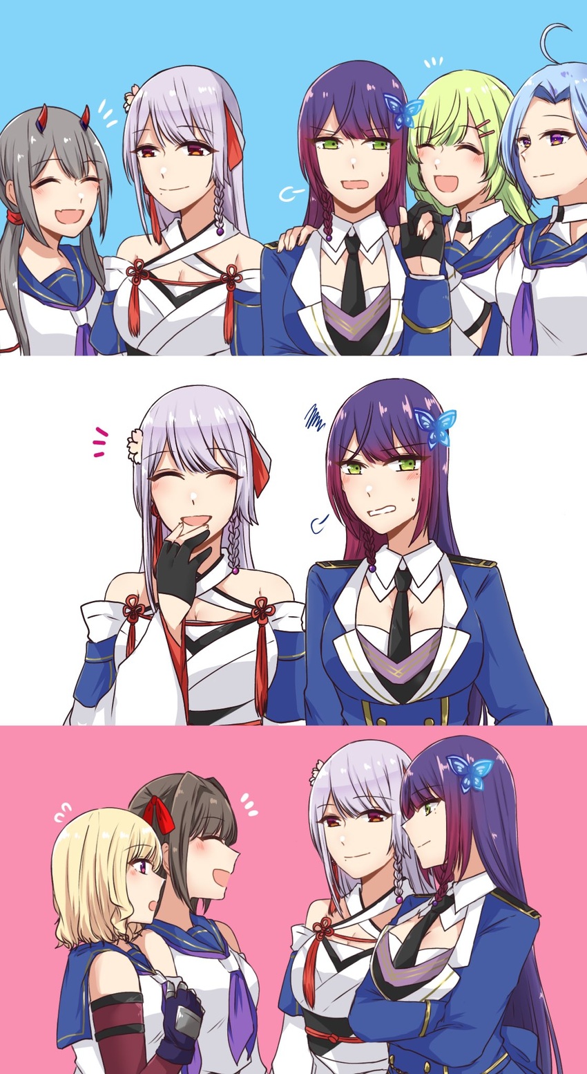 6+girls :d ^_^ ahoge annoyed arm_at_side arm_under_breasts arms_at_sides arms_under_breasts assault_lily bare_shoulders black_gloves black_necktie blonde_hair blue_background blue_hair blue_jacket blue_sailor_collar blush border braid breasts brown_hair cleavage clenched_teeth closed_eyes closed_mouth collared_shirt commentary criss-cross_halter crop_top crossed_arms detached_sleeves epaulettes facing_another facing_viewer fingerless_gloves flower flower_knot flying_sweatdrops from_side fujita_asagao funada_kiito funada_ui gauntlets gloves green_eyes green_hair grey_hair grey_shirt hair_flower hair_intakes hair_ornament hair_ribbon half_gloves halterneck hand_on_another's_arm hand_on_own_chest hand_up hands_on_another's_shoulders hands_up highres horns igusa_subaru imamura_yukari_(assault_lily) jacket japanese_clothes kawabata_hotaru kimono kozue_west large_breasts light_smile long_hair long_sleeves looking_at_another looking_at_viewer looking_to_the_side low_twintails mechanical_horns medium_breasts mole mole_under_eye mole_under_mouth multiple_girls multiple_views neckerchief necktie nigari_(ngari_0115) notice_lines obi obijime odaiba_girls_high_school_uniform oerba_yun_fang open_mouth parted_bangs parted_lips pink_background pink_flower profile puff_of_air purple_eyes purple_hair purple_neckerchief red_horns red_ribbon ribbon sailor_collar sash school_uniform serafuku shirt short_hair siblings side-by-side side_braid sideways_glance simple_background single_braid sisters skin_fang sleeveless sleeveless_shirt smile squiggle standing sweatdrop tassel tassel_hair_ornament teeth twintails undershirt upper_body v-shaped_eyebrows very_long_hair white_background white_kimono white_ribbon white_shirt