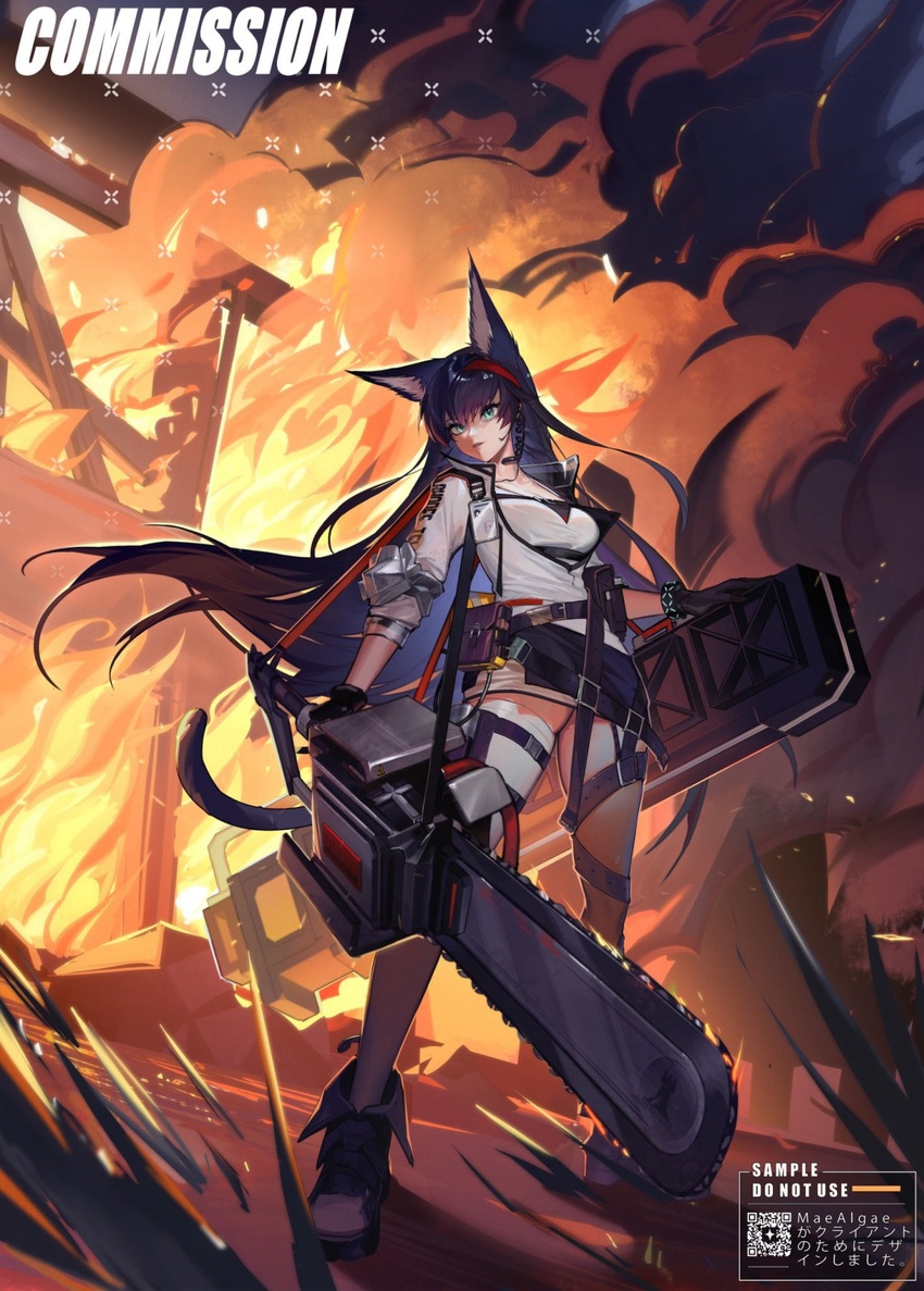 animal_ears arknights black_bracelet black_footwear black_gloves black_hair black_skirt blaze_(arknights) blue_eyes boots breasts cat_ears cat_girl cat_tail chainsaw commission earpiece extra_ears female fire full_body gloves hairband highres infection_monitor_(arknights) jacket long_hair looking_at_viewer mae_algae medium_breasts open_clothes open_jacket originium_(arknights) red_hairband shirt shoulder_strap skirt solo standing tail thighs very_long_hair watermark white_jacket white_shirt