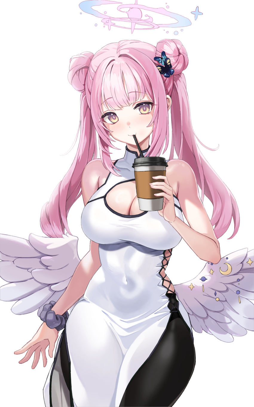 absurdres alternate_costume angel_wings black_scrunchie blue_archive blush breasts cleavage closed_mouth covered_navel cowboy_shot cup disposable_coffee_cup disposable_cup double_bun drinking_straw feathered_wings female hair_bun halo highres holding holding_cup large_breasts long_hair looking_at_viewer mika_(blue_archive) pink_hair pink_halo scrunchie simple_background smile solo white_background white_wings wings wrist_scrunchie yan.c yellow_eyes