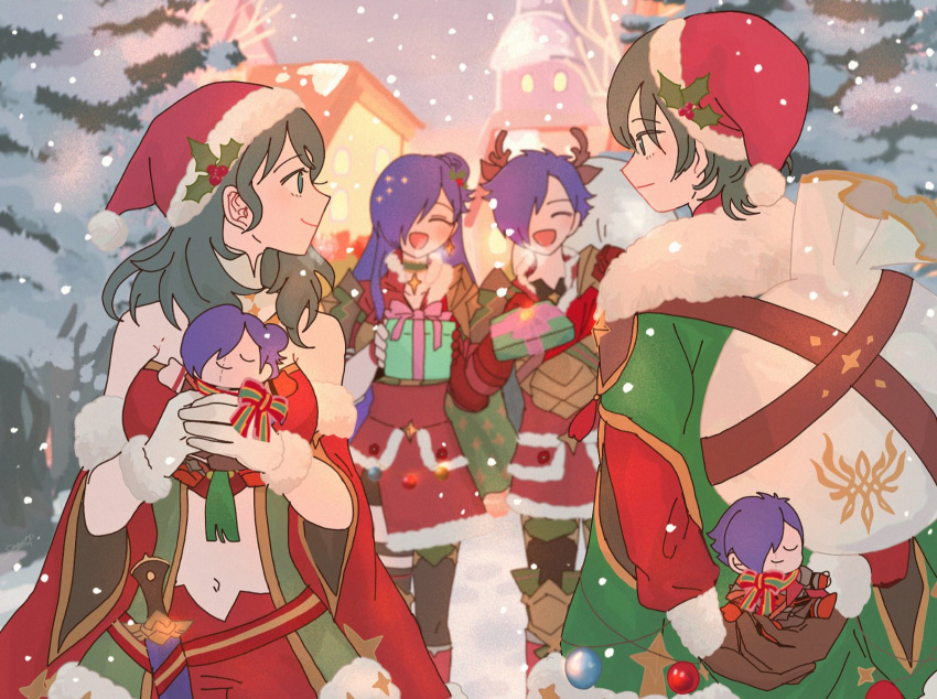 2boys 2girls alternate_costume byleth_(female)_(fire_emblem) byleth_(female)_(frosty_professor)_(fire_emblem) byleth_(fire_emblem) byleth_(male)_(fire_emblem) byleth_(male)_(frosty_professor)_(fire_emblem) cape character_doll christmas commentary_request doll dual_persona fire_emblem fire_emblem:_three_houses fire_emblem_heroes fire_emblem_warriors:_three_hopes fur-trimmed_cape fur_trim green_cape green_hair hair_over_one_eye hat highres holding holding_doll holly_hat_ornament looking_at_another multiple_boys multiple_girls official_alternate_costume open_mouth purple_hair red_cape sack santa_hat sasaki_(dkenpisss) shez_(female)_(fire_emblem) shez_(fire_emblem) shez_(male)_(fire_emblem) smile