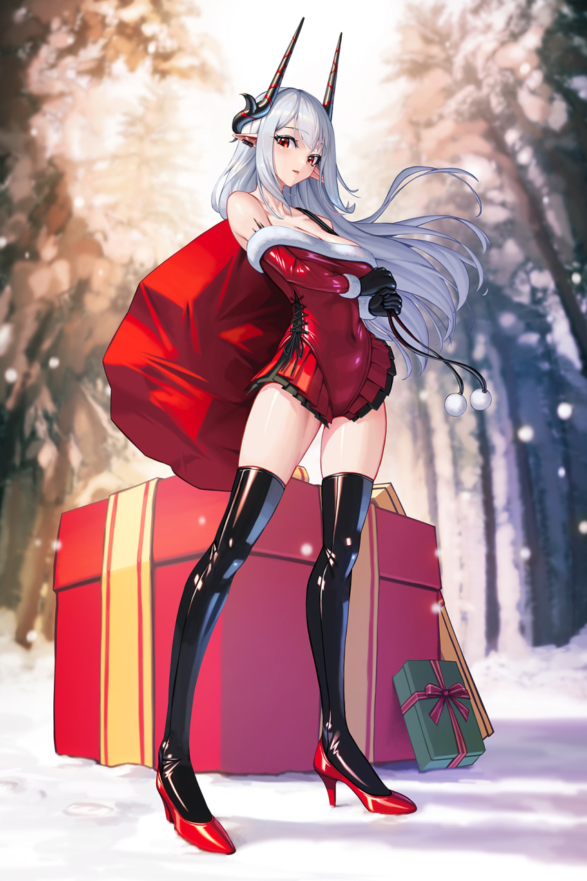 arknights bare_shoulders black_thighhighs bowlp box commentary_request female full_body gift gift_box high_heels highres horns leotard long_hair long_sleeves looking_at_viewer mudrock_(arknights) off-shoulder_leotard off_shoulder pointy_ears red_eyes red_footwear red_leotard sack solo standing thighhighs thighs very_long_hair white_hair