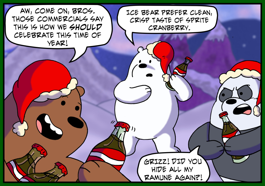 2019 absurd_res anthro beverage black_nose black_text border cartoon_network christmas christmas_clothing christmas_headwear clothing coca-cola dialogue digital_drawing_(artwork) digital_media_(artwork) english_text green_border green_outline grizzly_(we_bare_bears) group hat headgear headwear hi_res holding_beverage holding_object holding_soda holidays ice_bear_(we_bare_bears) male male_focus mightyfilm mountain open_mouth outline outside panda_(we_bare_bears) parody pink_tongue santa_hat snow snowing soda_bottle speech_bubble standing text tongue trio we_bare_bears