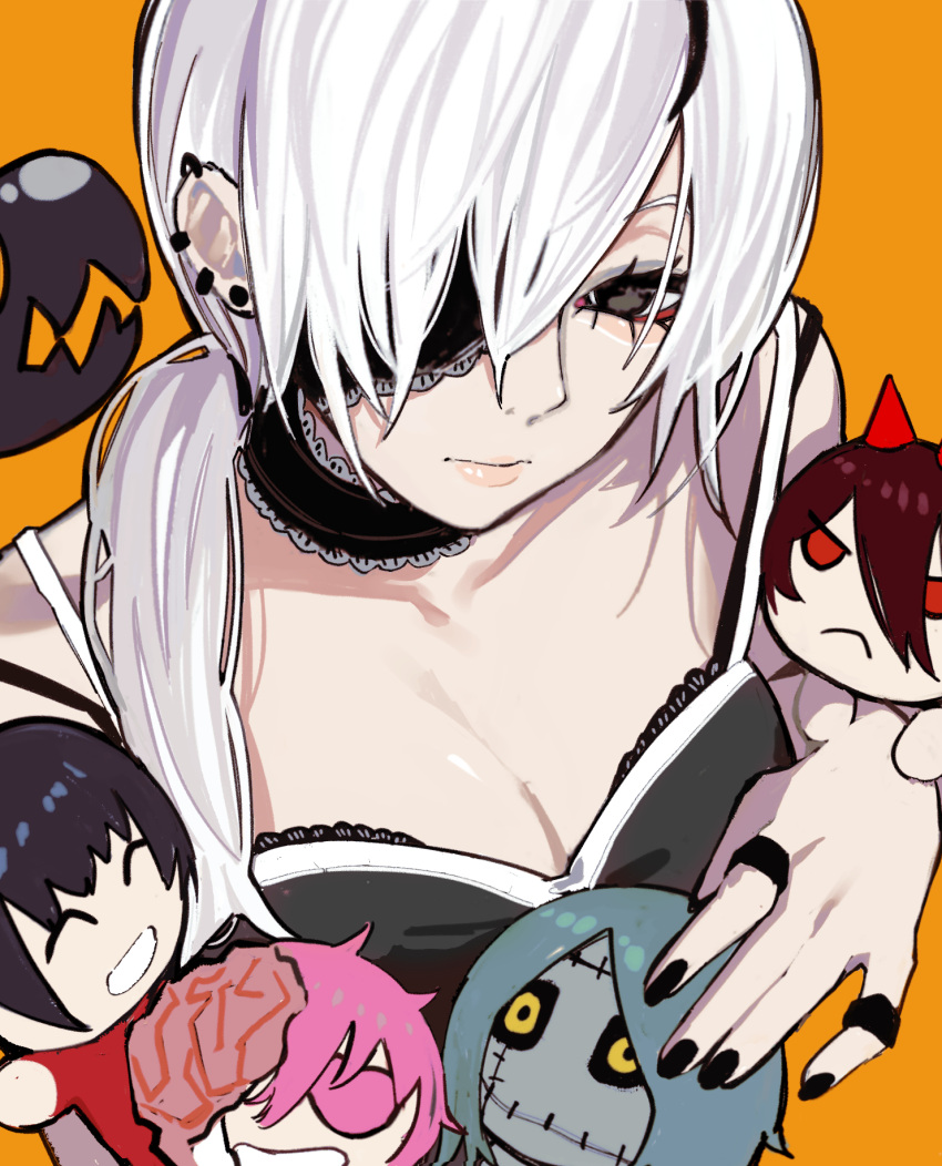 aegyo_sal black_eyes black_nails bra breasts chainsaw_man cleavage cosmo_(chainsaw_man) doll eyepatch female hair_over_one_eye highres long_(chainsaw_man) looking_at_viewer medium_breasts pingtsi_(chainsaw_man) ponytail quanxi_(chainsaw_man) sailen0 short_hair tsugihagi_(chainsaw_man) underwear white_hair