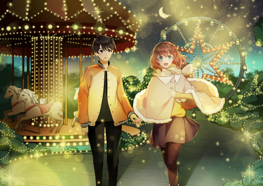 1boy :d absurdres aldnoah.zero asseylum_vers_allusia black_pants blue_eyes blush brown_eyes brown_hair brown_pantyhose brown_shirt carousel cat_lily coat day female ferris_wheel highres holding_hands kaizuka_inaho lens_flare long_sleeves looking_at_viewer moon outdoors pants pantyhose shadow shirt short_hair smile sparkle standing sweater yellow_coat yellow_sweater