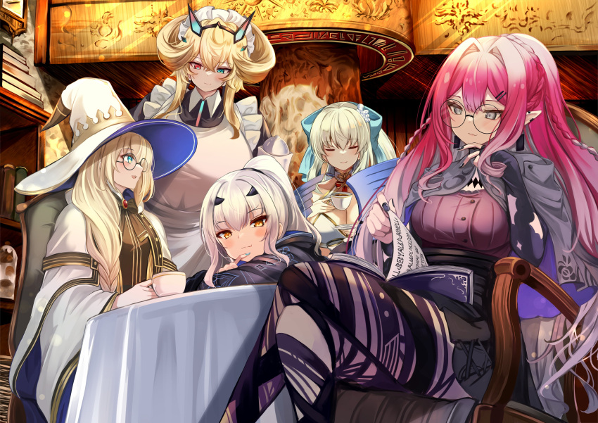 5girls absurdres aesc_(fate) aesc_(rain_witch)_(fate) apron baobhan_sith_(fate) baobhan_sith_(swimsuit_pretender)_(fate) baobhan_sith_(swimsuit_pretender)_(second_ascension)_(fate) barghest_(swimsuit_archer)_(second_ascension)_(fate) bikini black_dress black_sleeves blonde_hair blue_bow blue_eyes book book_stack bow braid breasts capelet cleavage cloak collared_dress crossed_legs crown_braid cup dress ear_piercing fate/grand_order fate_(series) fingerless_gloves flower forked_eyebrows glasses gloves gold_trim green_eyes grey_capelet grey_eyes hair_flower hair_ornament hairbow hairpin hat heterochromia high_ponytail highres holding holding_cup hooded_shrug huge_breasts long_hair low-braided_long_hair low-tied_long_hair maid maid_apron maid_headdress melusine_(fate) melusine_(swimsuit_ruler)_(fate) melusine_(swimsuit_ruler)_(first_ascension)_(fate) morgan_le_fay_(water_princess)_(fate) multiple_girls nail_polish piercing pointy_ears ponytail print_leggings reading red_brooch red_eyes red_hair robe round_eyewear shibakame side_braid swimsuit table tablecloth teacup twin_braids white_apron white_bikini white_cloak white_robe wide_brim witch_hat yellow_eyes