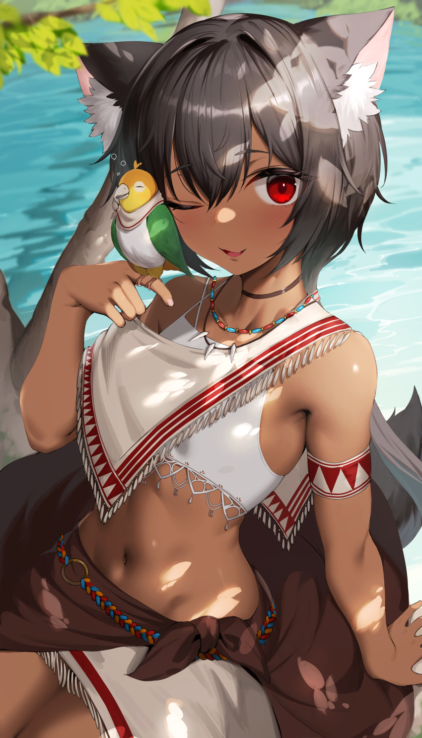 ;) absurdres animal_ear_fluff animal_ears bare_shoulders bikini bird bird_on_hand black_hair blush dark-skinned_female dark_skin day female hair_between_eyes highres jewelry long_hair looking_at_viewer mathew_(srmmk_mce) navel necklace one_eye_closed original outdoors red_eyes sarong sitting smile solo swimsuit tail tooth_necklace water white_bikini