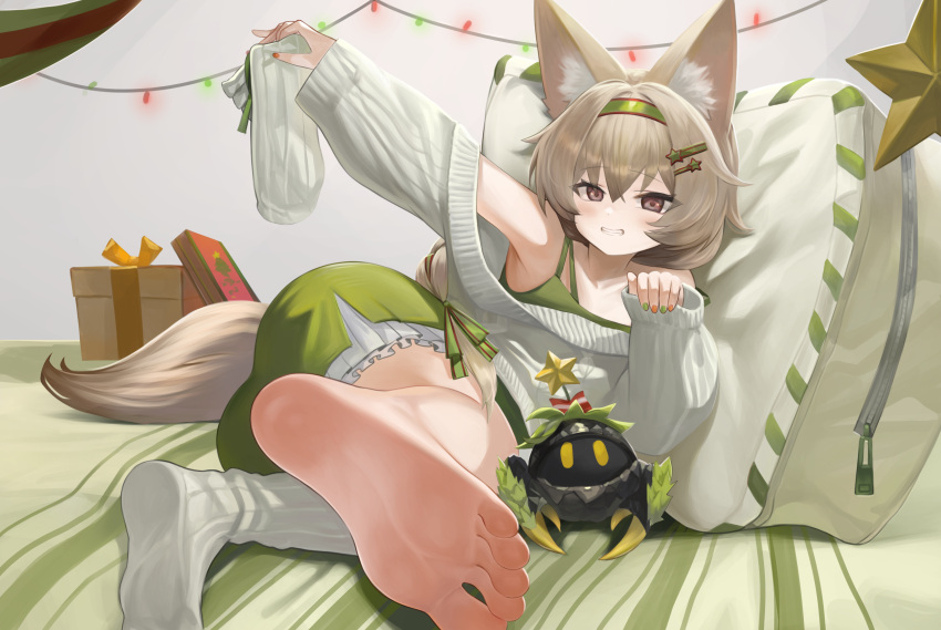 animal_ear_fluff animal_ears arknights bare_shoulders barefoot beanstalk_(arknights) beanstalk_(gift_uncompleted)_(arknights) christmas_present dokomon feet female foot_focus foreshortening fox_ears fox_tail gift green_nails grin hair_ornament hairband hairclip highres holding_sock looking_at_viewer metal_crab_(arknights) nail_polish no_shoes off-shoulder_sweater off_shoulder official_alternate_costume red_nails smile socks soles solo sweater tail toes two-tone_nails unworn_socks white_sweater