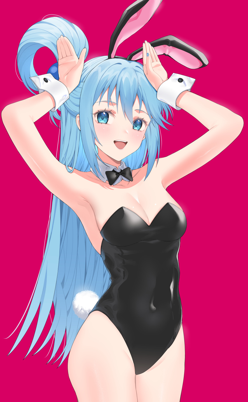 :d absurdres ai-nohikari animal_ears aqua_(konosuba) armpits arms_up bare_arms bare_legs black_bow black_bowtie black_hairband black_leotard blue_eyes blue_hair blue_nails bow bowtie breasts cleavage clip_studio_paint_(medium) covered_navel cowboy_shot detached_collar fake_animal_ears fake_tail female hair_between_eyes hairband highres kono_subarashii_sekai_ni_shukufuku_wo! leotard long_hair looking_at_viewer medium_breasts nail_polish open_mouth playboy_bunny rabbit_ears rabbit_tail red_background simple_background smile solo standing strapless strapless_leotard tail very_long_hair wrist_cuffs