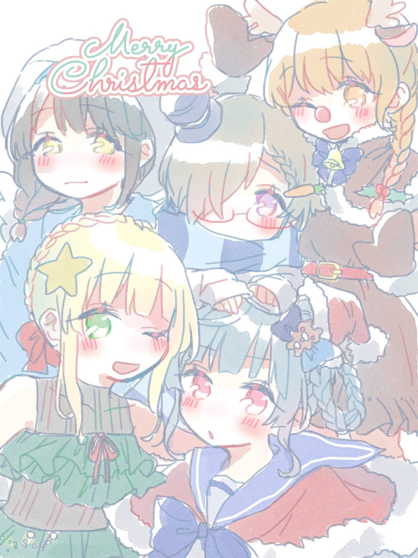 5girls :d :o animal_costume arm_around_back bare_shoulders bell belt blonde_hair blue_bow blue_bowtie blue_hair blue_sailor_collar blue_shirt blush bow bowtie braid brown_capelet brown_dress brown_hair brown_mittens capelet cha_ipride closed_mouth covered_collarbone cowboy_shot crown_braid dress fur-trimmed_capelet fur_trim glasses green_dress green_eyes grey_hair hair_ornament hair_over_one_eye hair_rings hat highres hyodou_shizuku ichinose_rei idoly_pride kawasaki_sakura_(idoly_pride) long_bangs long_hair looking_at_viewer mini_hat mini_top_hat mittens multiple_girls neck_bell one_eye_closed one_eye_covered open_mouth orange_eyes orange_hair pink_eyes purple_eyes red_capelet reindeer_costume saeki_haruko_(idoly_pride) sailor_collar shiraishi_chisa shirt short_hair_with_long_locks sidelocks simple_background sleeveless sleeveless_dress sleeves_past_fingers sleeves_past_wrists smile star_(symbol) star_hair_ornament sunny_peace_(idoly_pride) top_hat twin_braids white_background yellow_eyes