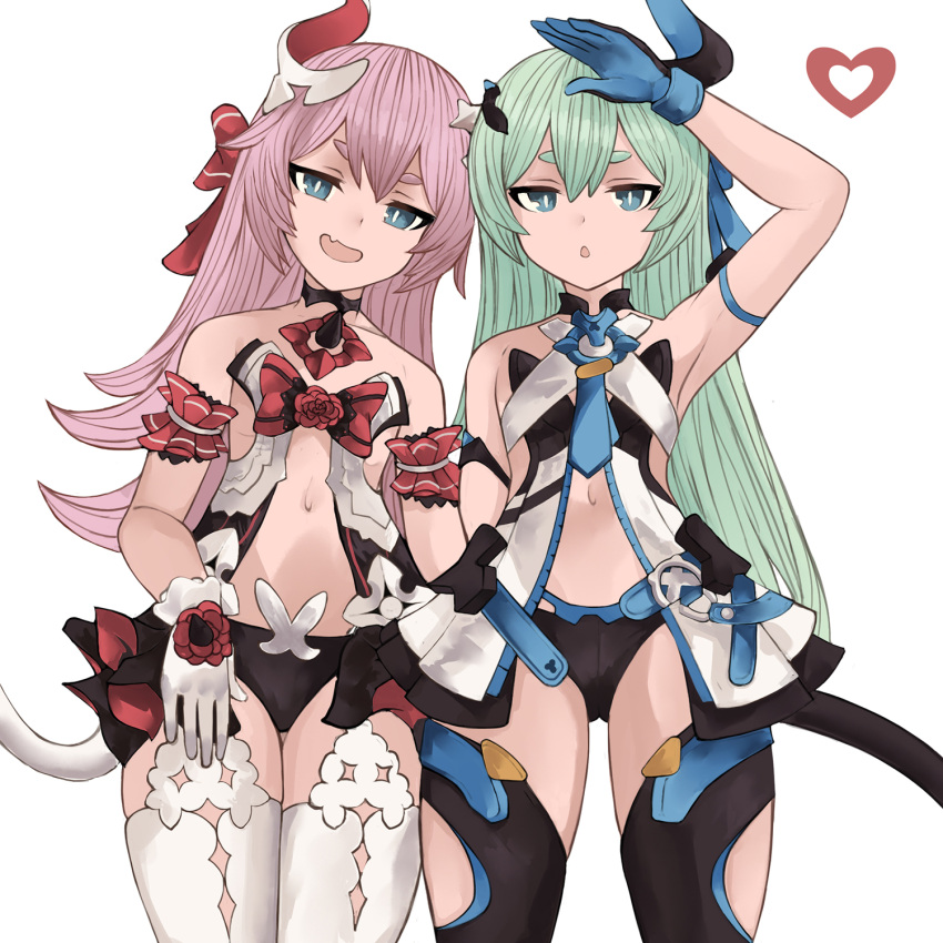 2girls :d :o aqua_eyes arm_at_side arm_strap arm_up armband artist_logo bare_shoulders black_collar black_panties bow bright_pupils cat_tail collar cowboy_shot flat_chest flipped_hair flower frilled_armband frills gloves green_hair hair_between_eyes hair_ornament hairbow half-closed_eyes highres honkai_(series) honkai_impact_3rd iiros liliya_olenyeva long_hair looking_at_viewer multiple_girls navel oerba_yun_fang open_mouth panties pink_hair red_bow red_flower revealing_clothes rozaliya_olenyeva short_eyebrows simple_background skin_fang smile standing straight_hair tail thick_eyebrows thighhighs two-tone_gloves underwear v-shaped_eyebrows white_background white_gloves white_pupils white_thighhighs wide_hips