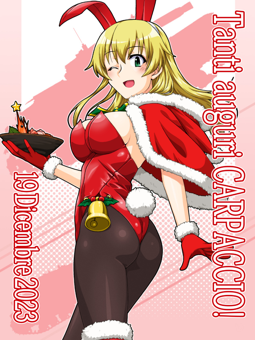 animal_ears ass bell black_pantyhose blonde_hair bowl breasts capelet carpaccio_(girls_und_panzer) character_name christmas commentary dated fake_animal_ears fake_tail female from_side fur-trimmed_capelet fur-trimmed_gloves fur-trimmed_thighhighs fur_trim girls_und_panzer gloves green_eyes highres holding holding_bowl holly hood hood_down hooded_capelet italian_commentary italian_text leotard long_hair looking_at_viewer medium_breasts military_vehicle mixed-language_commentary motor_vehicle one_eye_closed oosaka_kanagawa open_mouth pantyhose playboy_bunny rabbit_ears rabbit_tail red_capelet red_gloves red_leotard semovente_75/18 smile solo standing star_(symbol) strapless strapless_leotard tail tank thighhighs three_quarter_view translated