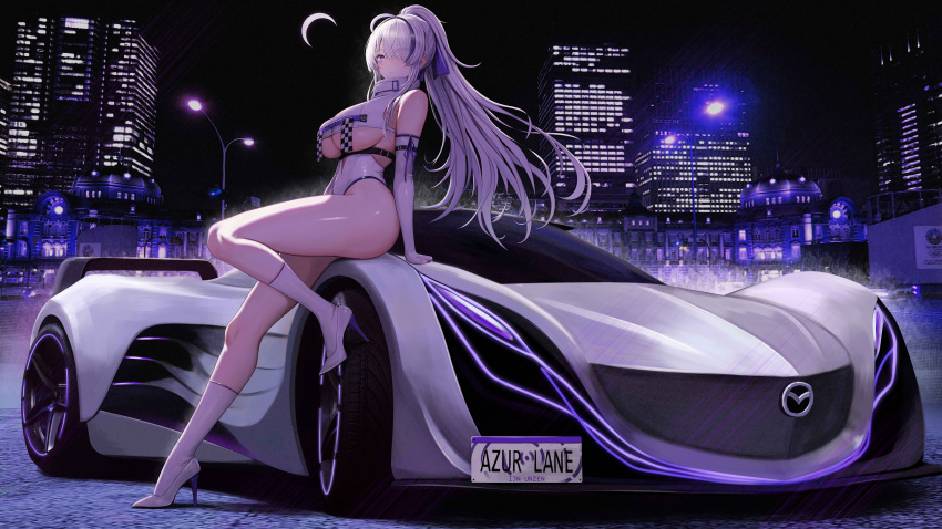 absurdres ahoge alternate_costume arm_support azur_lane bare_shoulders breasts building car character_name cityscape commentary copyright_name country_connection elbow_gloves female full_body gloves hair_between_eyes hair_over_one_eye high_heels highres japan kcar66t kneehighs large_breasts leotard license_plate long_hair looking_at_viewer mazda mazda_furai motor_vehicle multicolored_hair night outdoors parted_lips product_placement purple_eyes purple_hair race_queen real_world_location shadow sidelocks sitting sitting_on_car skindentation skyscraper socks solo sports_car streaked_hair tokyo_(city) tokyo_station underboob unzen_(azur_lane) vehicle_focus very_long_hair white_footwear white_gloves white_hair white_leotard white_socks