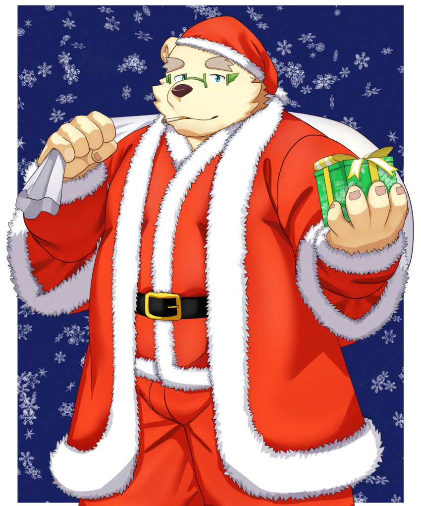 absurd_res anthro bear christmas christmas_clothing christmas_headwear cigarette clothing costume eyebrows eyewear fur glasses hat headgear headwear hi_res holidays leib_(tas) lifewonders male mammal polar_bear ruoain santa_costume santa_hat smoking solo thick_eyebrows tokyo_afterschool_summoners ursine white_body white_fur