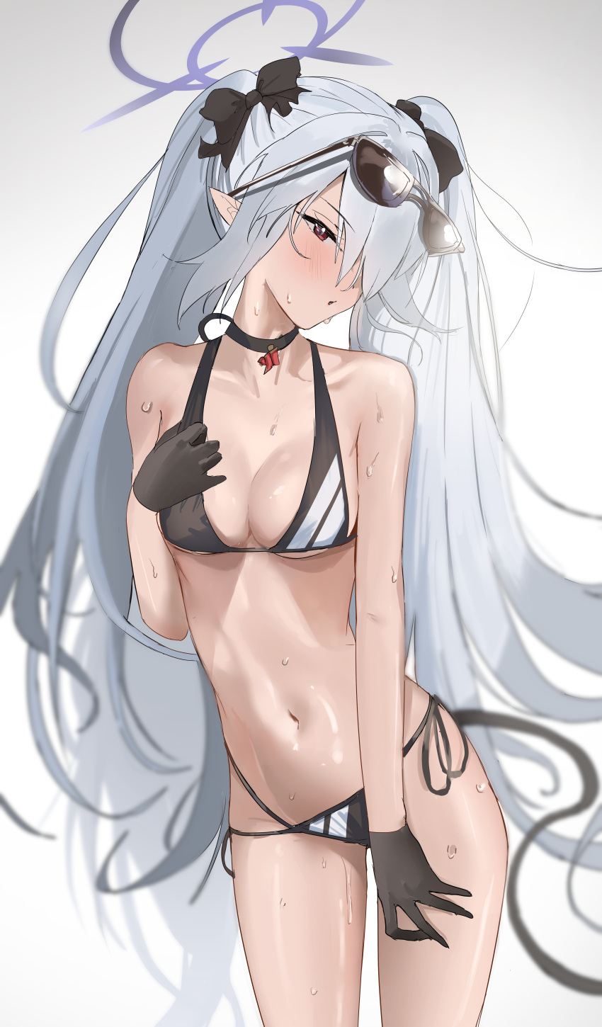 absurdres bare_shoulders bikini black_bikini black_bow black_gloves blue_archive blush bow breasts collarbone commentary_request contrapposto cowboy_shot dark-skinned_female dark_skin demon_girl demon_tail eyewear_on_head female gloves grey_hair hair_over_one_eye hairbow half_gloves halo highres iori_(blue_archive) iori_(swimsuit)_(blue_archive) long_hair looking_to_the_side medium_breasts mochini navel ocean official_alternate_costume official_alternate_hairstyle open_mouth outdoors pointy_ears purple_halo red_eyes side-tie_bikini_bottom simple_background solo stomach sunglasses sweat swimsuit tail thigh_strap twintails very_long_hair white_background