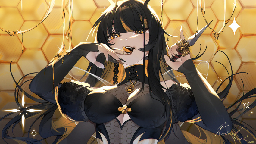 2023 absurdres artist_name beehive black_dress black_hair black_nails blonde_hair blunt_bangs braid breasts cleavage colored_inner_hair commentary commission dress female fingernails fur-trimmed_sleeves fur_trim hands_up highres holding holding_knife honey indie_virtual_youtuber kisa_(vtuber) knife kurisu_illusiae large_breasts licking licking_finger long_fingernails long_hair long_sleeves looking_at_viewer multicolored_hair nail_polish open_mouth see-through see-through_cleavage single_braid smile solo star_(symbol) star_in_eye symbol_in_eye tongue tongue_out turtleneck two-tone_hair upper_body virtual_youtuber yellow_eyes