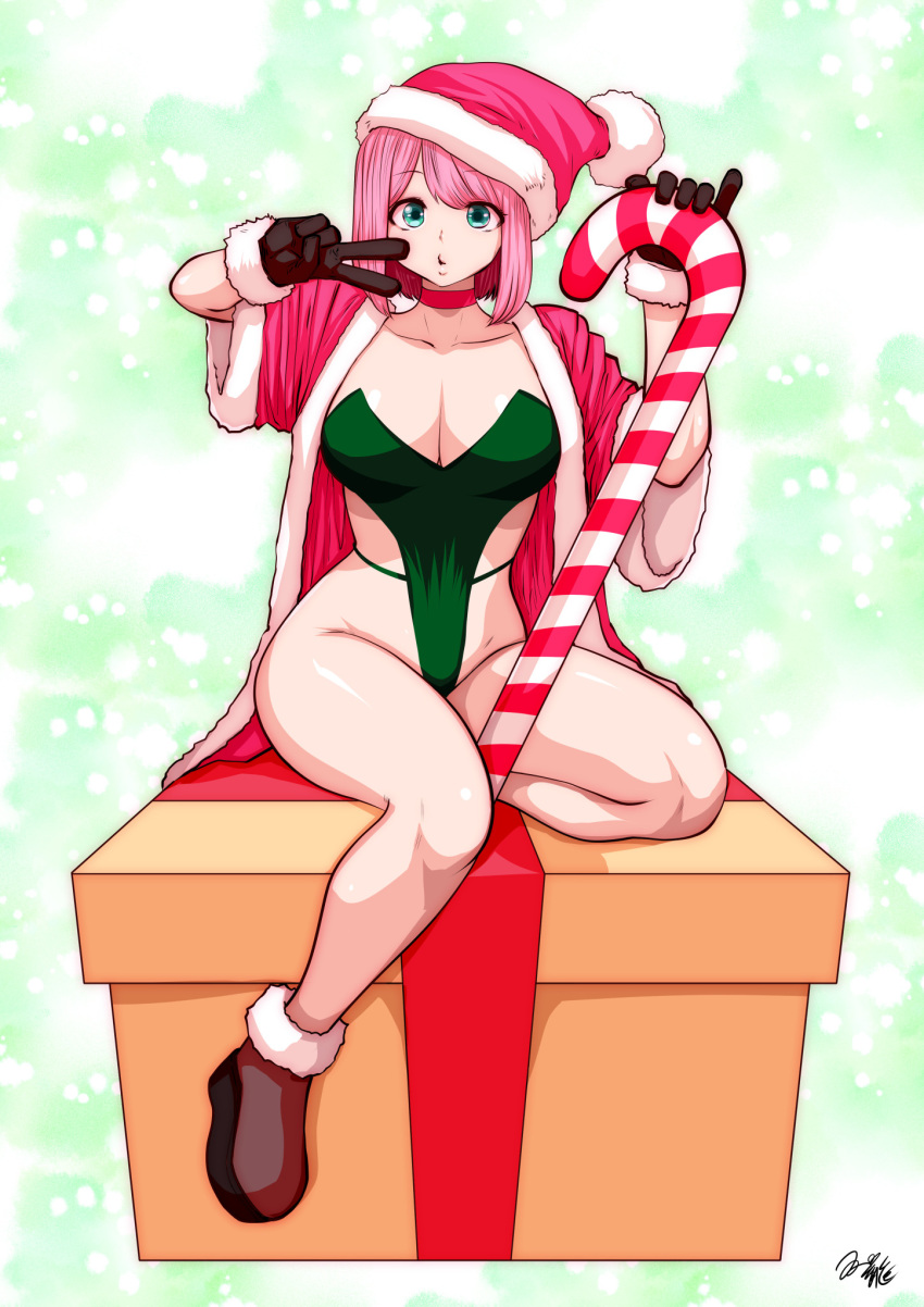 blue_eyes breasts brown_gloves candy candy_cane choker commentary_request eguchi_tomoka female food full_body gift gloves highres kou_iu_no_ga_ii large_breasts looking_at_viewer one-piece_swimsuit original pink_hair red_choker shiny_skin short_hair sitting solo souryu strapless strapless_one-piece_swimsuit swimsuit v