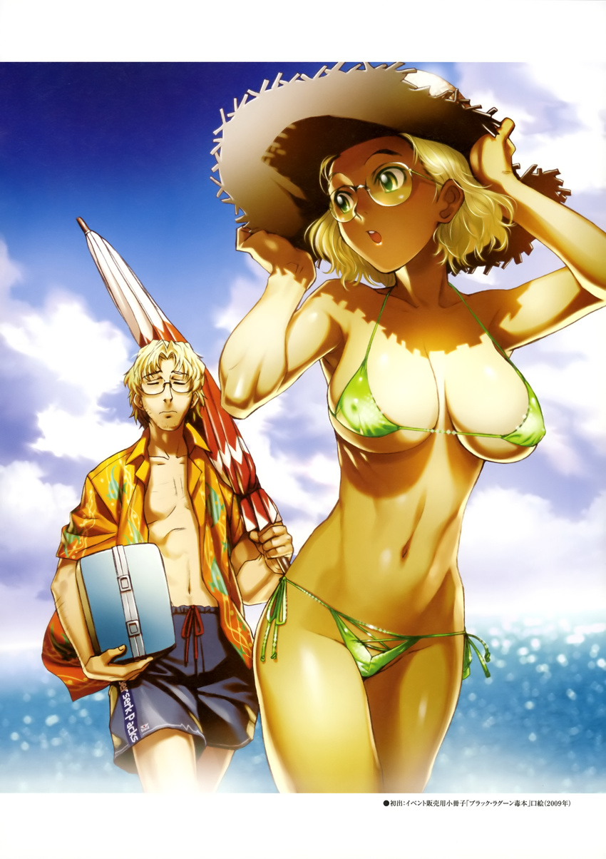 1boy :o absurdres agua-verde beach_umbrella benny benny_(black_lagoon) bikini black_lagoon blonde_hair breasts cleavage closed_umbrella cloud couple erect_nipples facial_hair female glasses green_bikini green_eyes hat hawaiian_shirt highres hiroe_rei huge_breasts janet_bhai large_breasts looking micro_bikini navel nipples official_art open_clothes open_shirt parasol rimless_glasses shiny shiny_skin shirt short_hair shorts side-tie_bikini sky straight stubble sun_hat swimsuit tan umbrella underboob