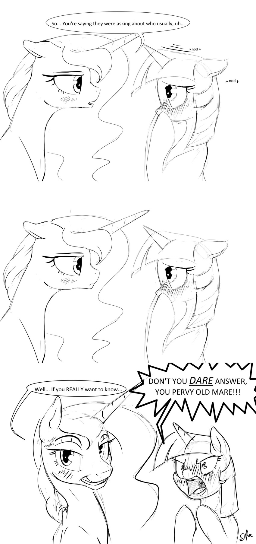 2015 absurd_res blush dialogue duo english_text equid equine female feral friendship_is_magic grin hair hasbro hi_res horn mammal monochrome motion_onomatopoeia my_little_pony mythological_creature mythological_equine mythology nodding nodding_head onomatopoeia open_mouth pointy_speech_bubble princess_luna_(mlp) silfoe simple_background smile sound_effects speech_bubble talking_to_another text text_emphasis twilight_sparkle_(mlp) underline unicorn