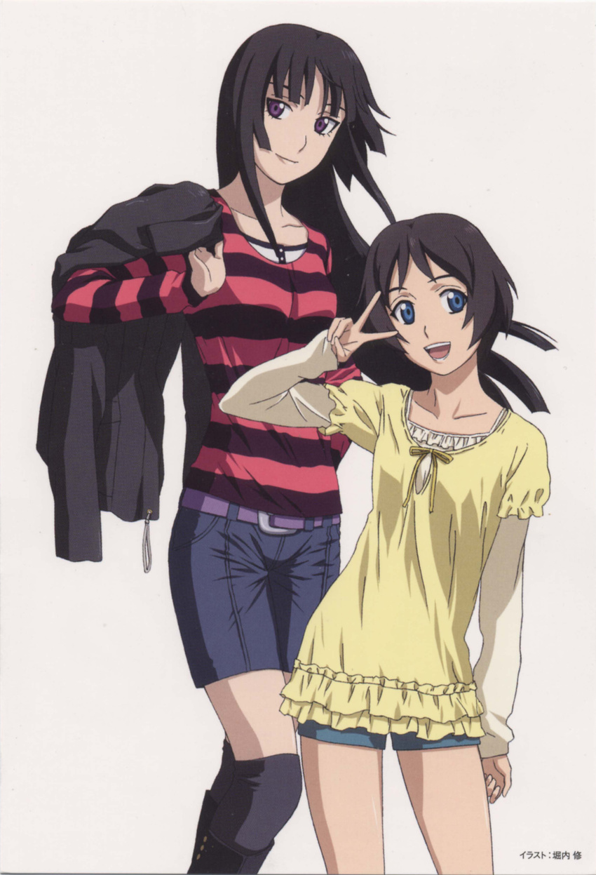 2girls absurdres black_hair black_legwear blue_eyes casual contrapposto denim ga-rei ga-rei_zero highres hime_cut horiuchi_osamu isayama_yomi jacket jacket_over_shoulder long_hair multiple_girls official_art over-kneehighs photoshop_(medium) purple_eyes shorts smile standing striped thighhighs tsuchimiya_kagura unworn_jacket v