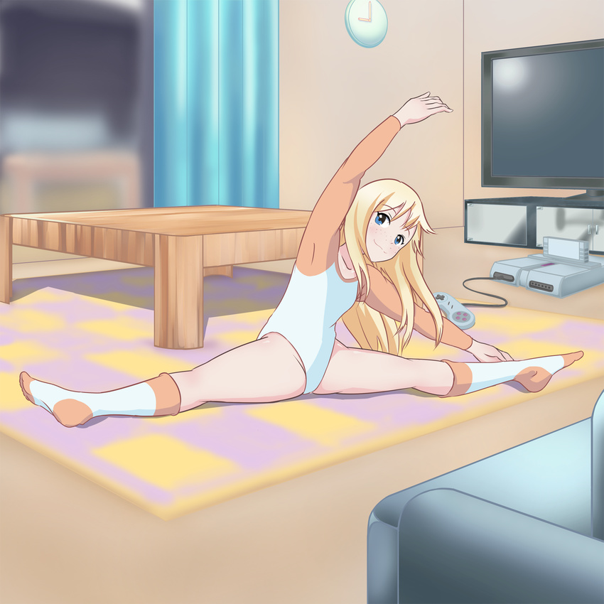 analog_clock arm_up armpits athletic_leotard bad_id bad_pixiv_id blonde_hair blue_eyes blurry borrowed_character clock controller couch curtains depth_of_field exercising female flat_chest flexible freckles full_body game_console game_controller gamepad groin highres indoors kneehighs leaning leotard light_smile long_hair long_sleeves looking_at_viewer no_shoes on_floor original outstretched_arm plantar_flexion raglan_sleeves rug sig_(sfried) smile socks solo split spread_legs straddle_split stretching super_nintendo table television