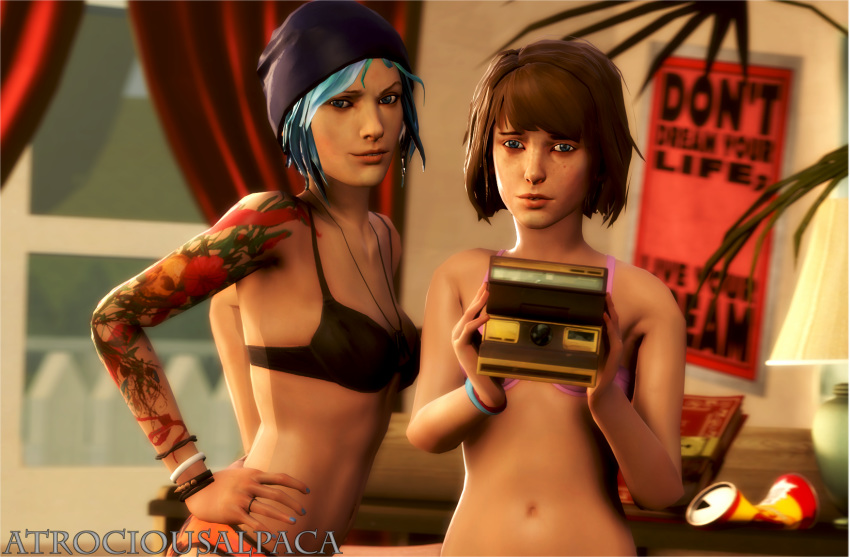 3d atrociousalpaca bracelet camera canon_panties chloe_price female life_is_strange max_caulfield necklace orange_panties panties print_panties underwear wristband