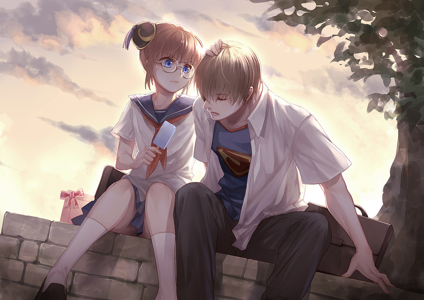 1boy anger_vein blue_eyes brown_hair bun_cover commentary_request double_bun female food gintama glasses hair_bun j.w kagura_(gintama) long_hair okita_sougo open_mouth orange_hair photoshop_(medium) popsicle school_uniform serafuku short_hair