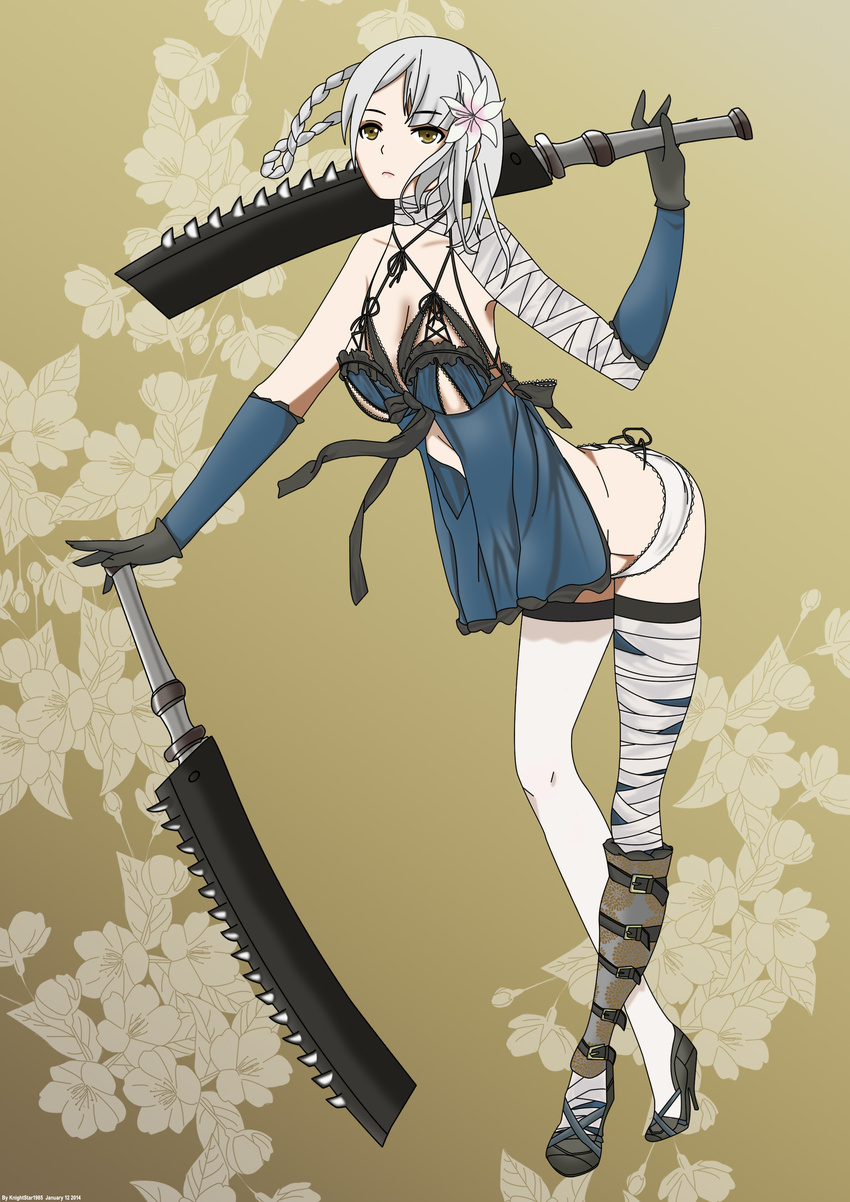 absurdres bandages breasts commentary_request female flower full_body highres kaine_(nier) knightstar large_breasts nier nier_(series) panties photoshop_(medium) short_hair solo sword underwear weapon white_hair