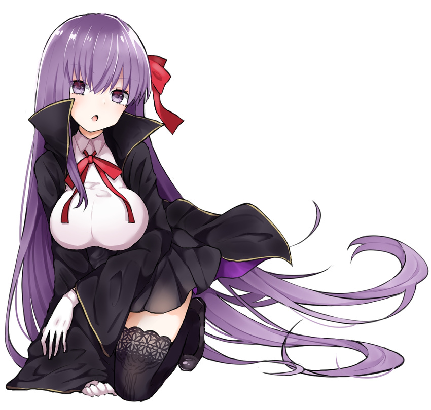 absurdly_long_hair bb_(fate) bb_(fate/extra) black_cape black_skirt black_thighhighs bow bowtie breasts cape commentary_request fate/extra fate/extra_ccc fate_(series) female full_body gloves hair_between_eyes hair_ribbon highres kneeling large_breasts long_hair miniskirt neck_ribbon open_mouth pleated_skirt purple_eyes purple_hair red_bow red_bowtie red_ribbon ribbon shirt simple_background skirt solo takae_(poupee_en_biscuit) thighhighs very_long_hair white_background white_gloves white_shirt