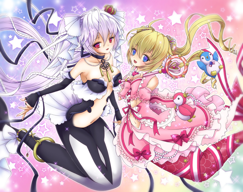 2girls :d bad_id bad_pixiv_id bird blonde_hair blue_eyes cardfight!!_vanguard commentary_request elbow_gloves fingerless_gloves gloves hair_ornament hayabusa_koi holding long_hair looking_at_viewer mermaid monster_girl multiple_girls navel open_mouth penguin red_eyes silver_hair smile star_(symbol) top_idol_pacifica twintails velvet_voice_raindear wand