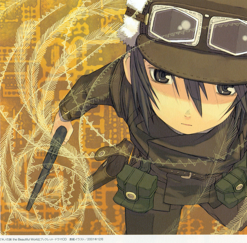 androgynous artist_request female goggles gun hat kino kino_no_tabi looking_at_viewer official_art pouch_bags revolver scan short_hair solo weapon