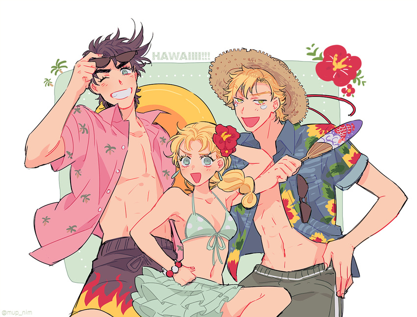 2boys abs adjusting_eyewear bad_id bad_pixiv_id battle_tendency bead_bracelet beads bikini black_hair blonde_hair bracelet braid caesar_anthonio_zeppeli commentary_request earrings eyepatch eyepatch_lift eyewear_on_head facial_mark female flower frilled_skirt frills green_eyes grey_eyes grin hair_flower hair_ornament hand_fan hand_on_eyewear hand_on_own_hip hat hawaiian_shirt hibiscus jewelry jojo_no_kimyou_na_bouken joseph_joestar joseph_joestar_(young) male_swimwear mapi_(mup1228) multiple_boys one_eye_closed open_clothes open_shirt paper_fan shirt single_braid skirt smile sun_hat sunglasses suzi_q swim_trunks swimsuit uchiwa