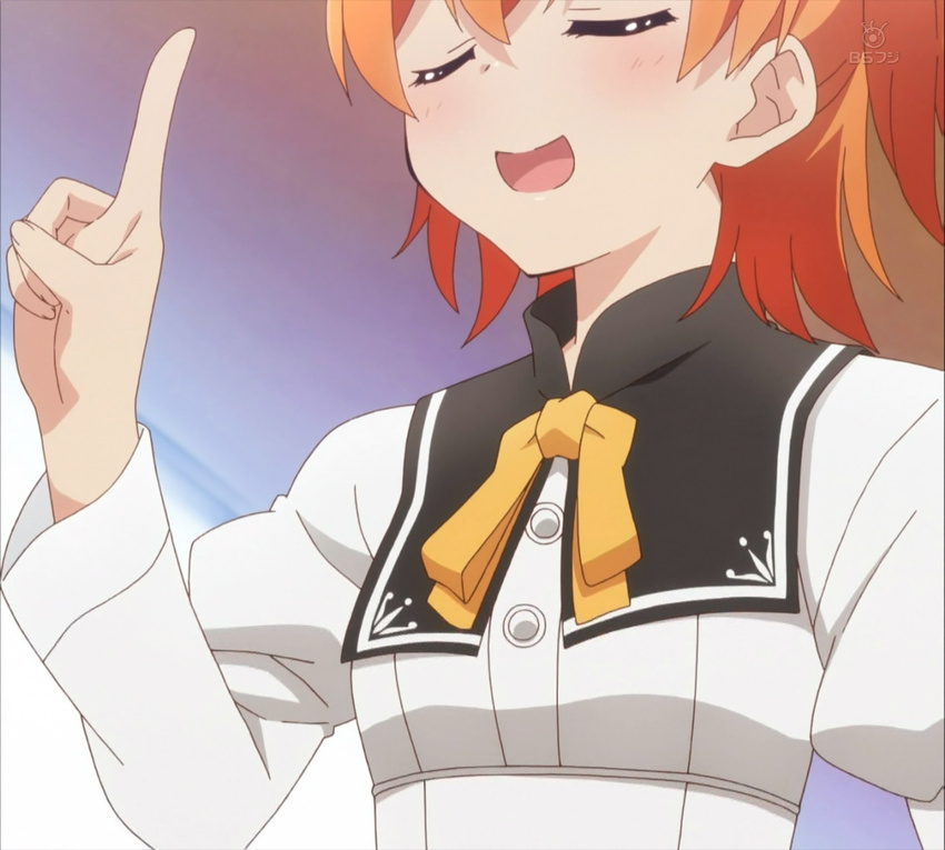 anime_screenshot closed_eyes female highres orange_hair ore_ga_ojou-sama_gakkou_ni_"shomin_sample"_toshite_rachirareta_ken school_uniform short_hair solo tenkuubashi_aika