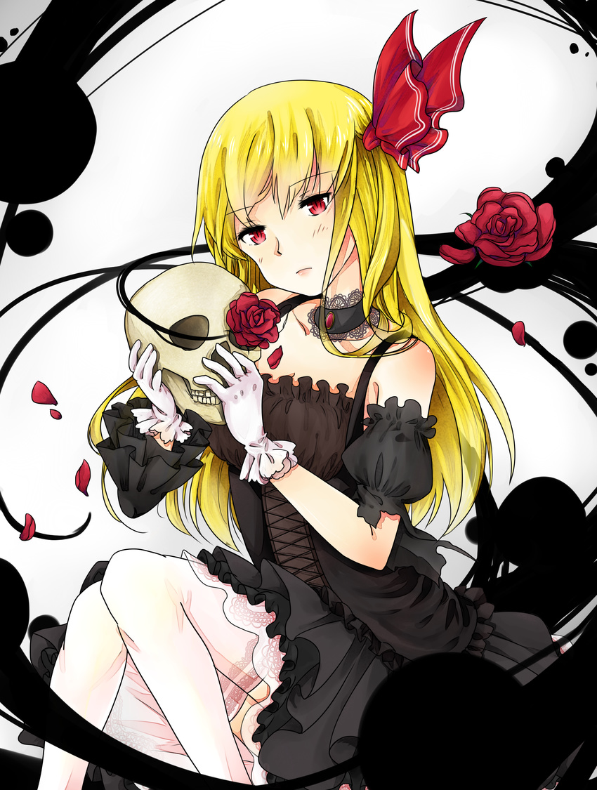 absurdres alternate_costume alternate_hair_length alternate_hairstyle asymmetrical_clothes bad_id bad_pixiv_id black_dress blonde_hair choker darkness detached_sleeves dress female flower frilled_dress frills gothic_lolita hair_ribbon head_tilt highres lace lace-trimmed_choker lace-trimmed_legwear lace_trim lolita_fashion long_hair platinum_(o0baijin0o) puffy_short_sleeves puffy_sleeves red_eyes ribbon rose rumia short_sleeves sitting skull slit_pupils solo teenage thighhighs touhou tress_ribbon white_thighhighs