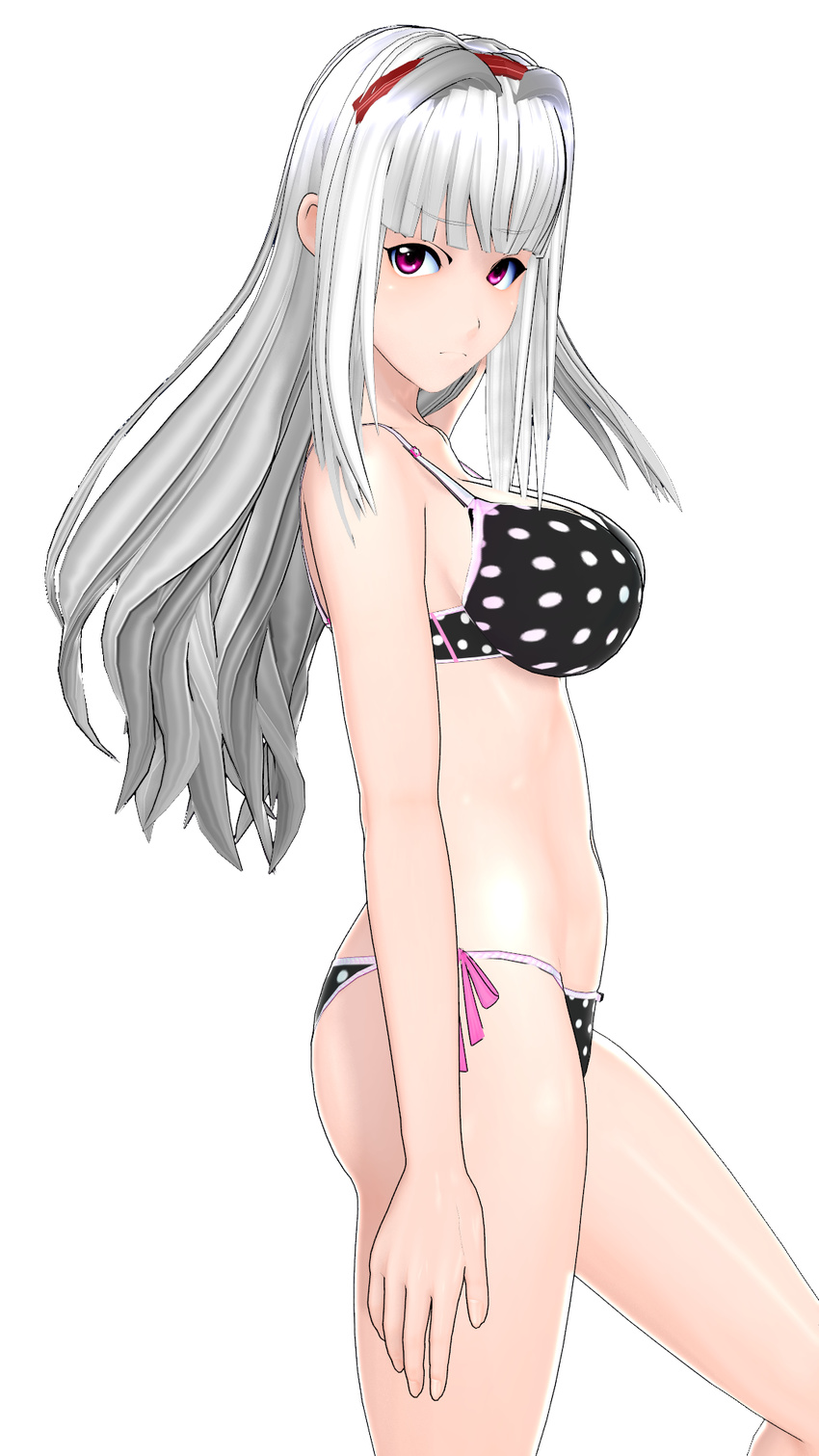 3d artificial_academy_2 bikini breasts cleavage commentary_request female frown grey_hair hairband highres idolmaster idolmaster_(classic) kasakuri large_breasts long_hair looking_at_viewer navel polka_dot polka_dot_bikini purple_eyes shijou_takane side-tie_bikini_bottom solo swimsuit transparent_background